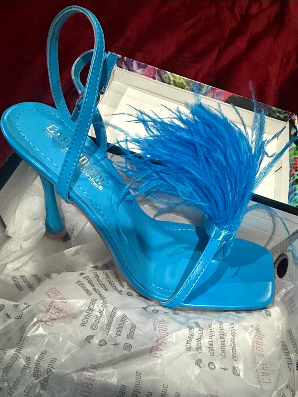 Blue Feather Strap High Heel Sandals - Women's